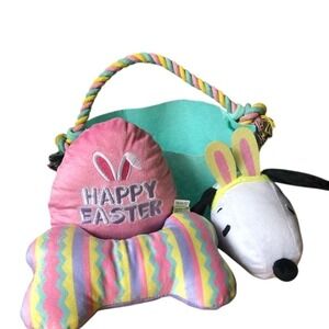 Peanuts Plush Dog Toys in Colorful Easter Basket: Egg, Bone, Snoopy Head NEW